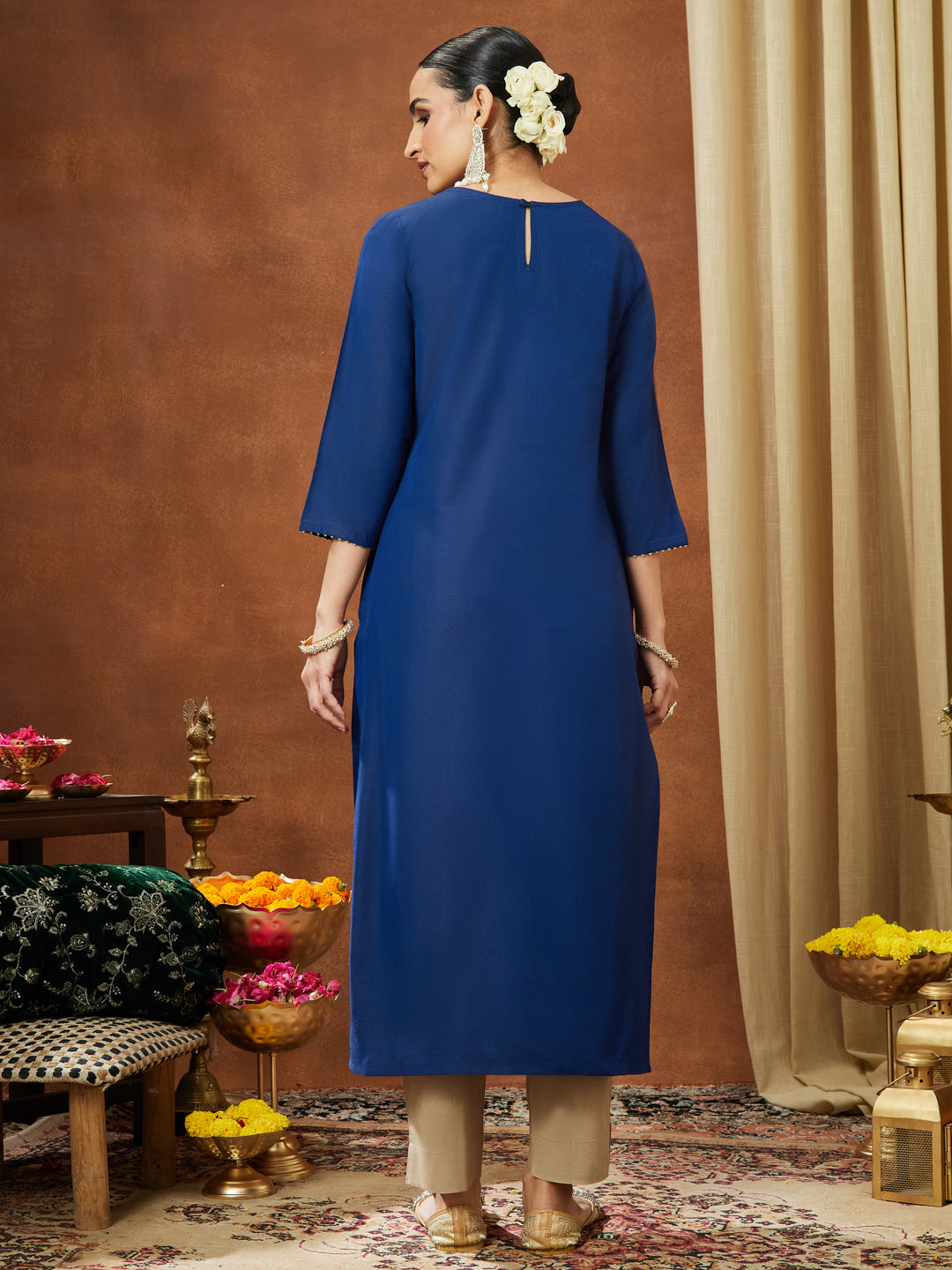 Ninnique Women's Navy Blue Chanderi Silk Zari Yoke Embroidered Straight Kurta