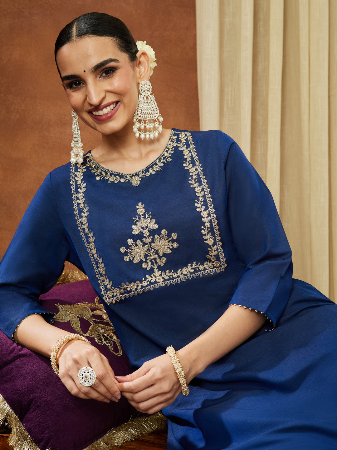 Ninnique Women's Navy Blue Chanderi Silk Zari Yoke Embroidered Straight Kurta