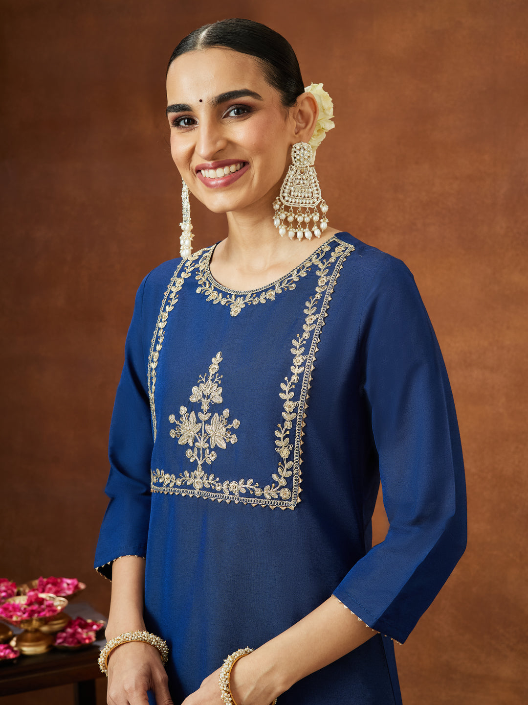 Ninnique Women's Navy Blue Chanderi Silk Zari Yoke Embroidered Straight Kurta