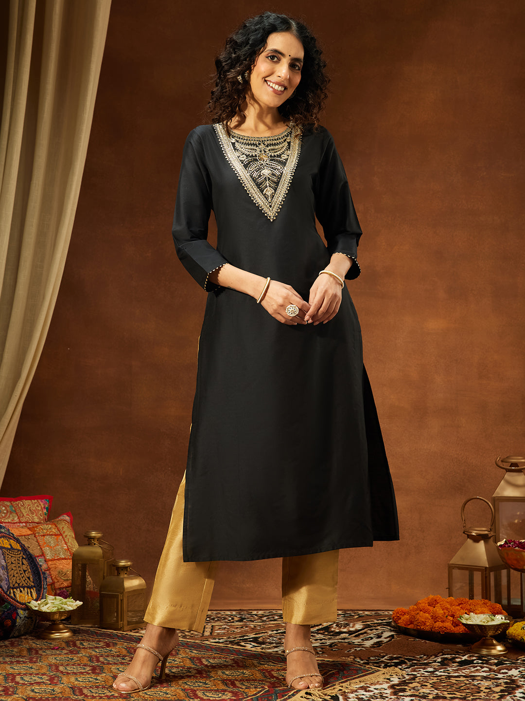 Ninnique Women's Black Chanderi Silk Yoke Embroidered Straight Kurta