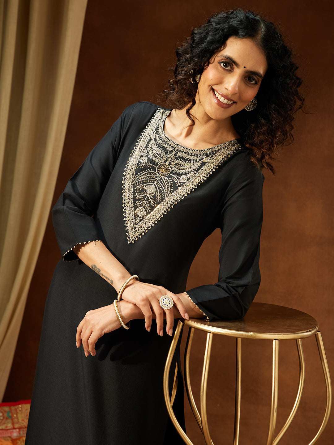 Ninnique Women's Black Chanderi Silk Yoke Embroidered Straight Kurta
