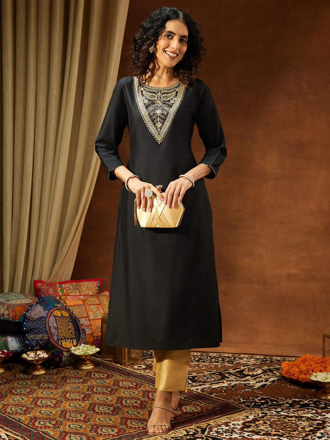 Ninnique Women's Black Chanderi Silk Yoke Embroidered Straight Kurta