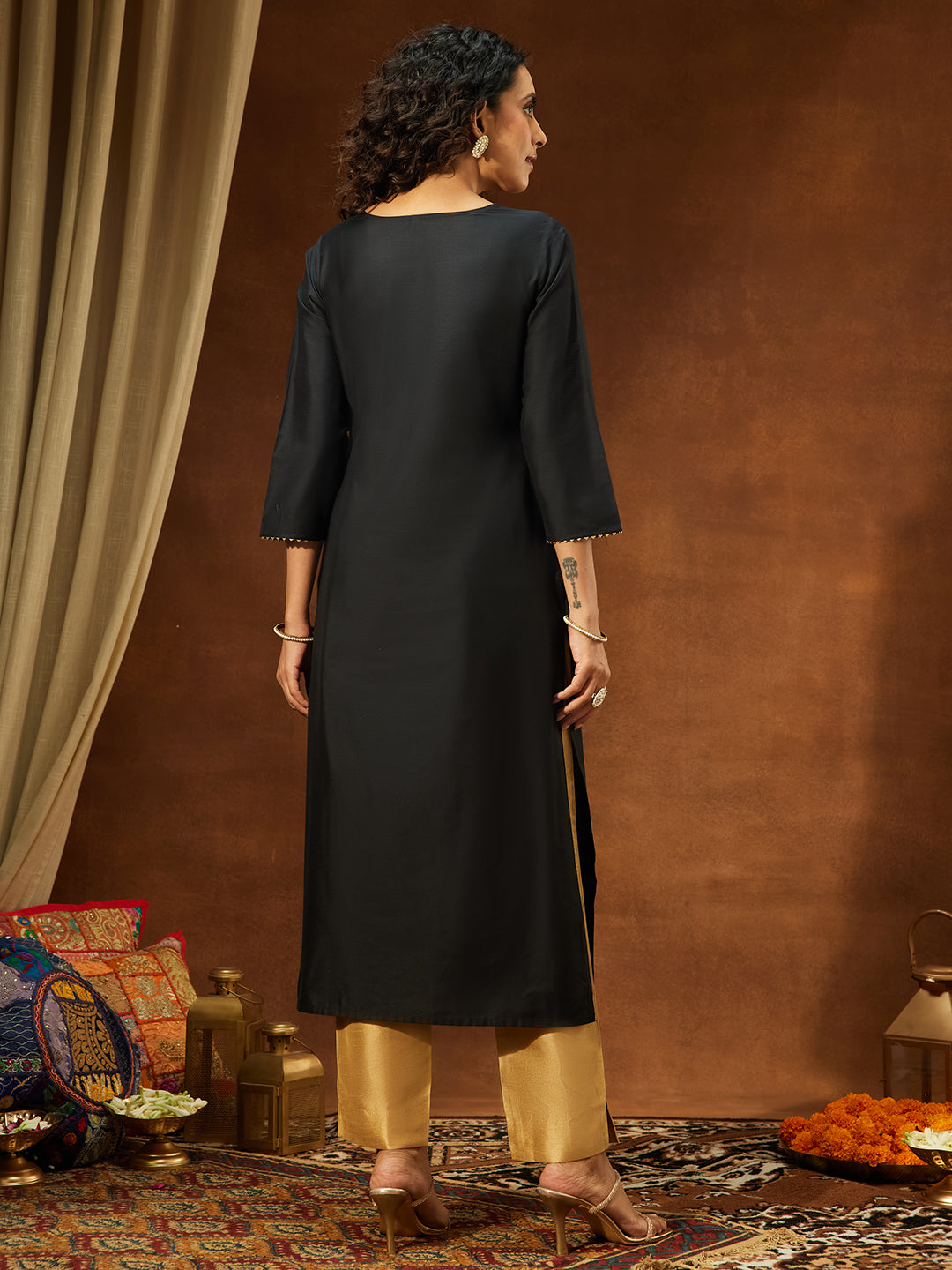 Ninnique Women's Black Chanderi Silk Yoke Embroidered Straight Kurta