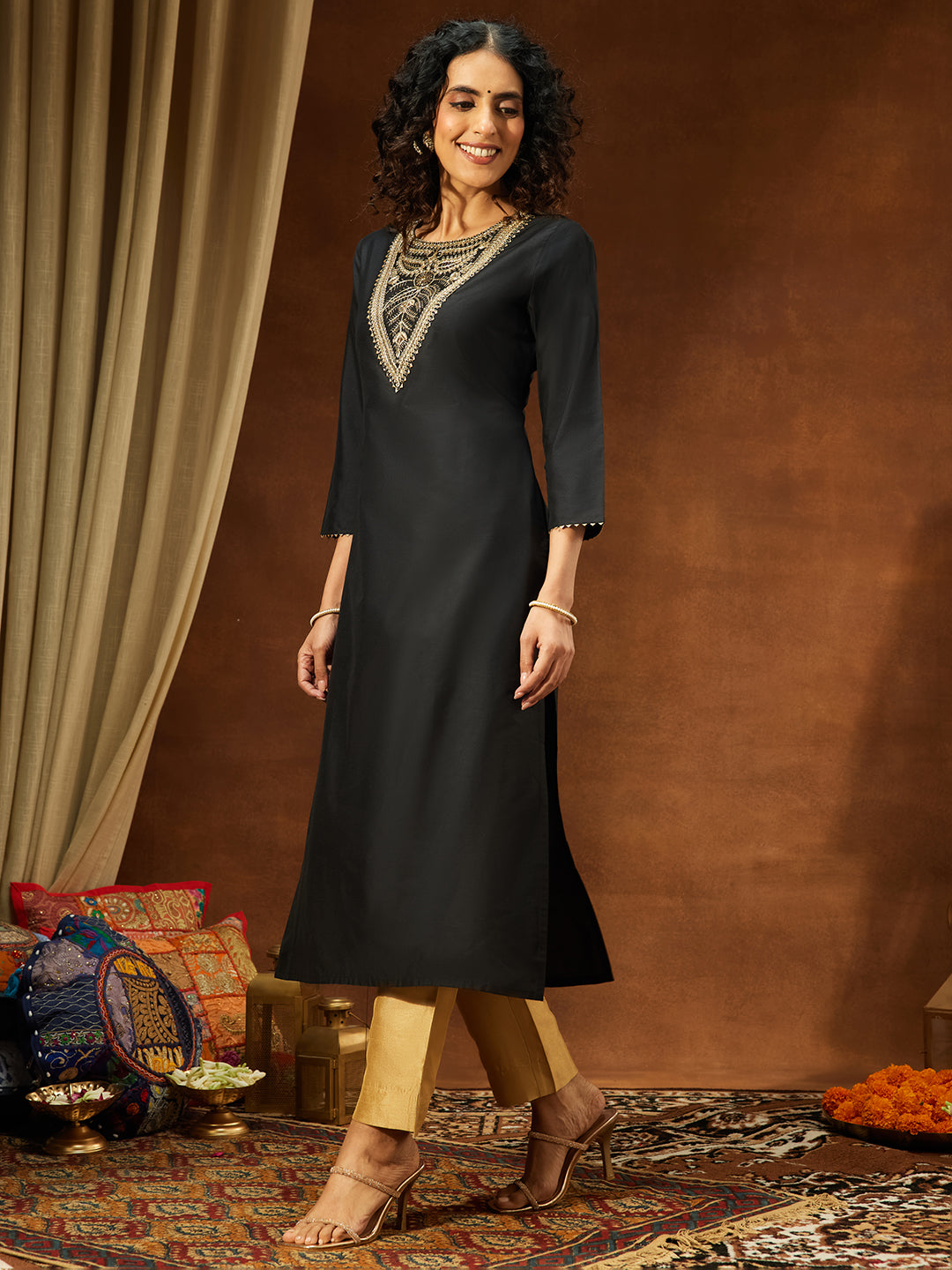 Ninnique Women's Black Chanderi Silk Yoke Embroidered Straight Kurta