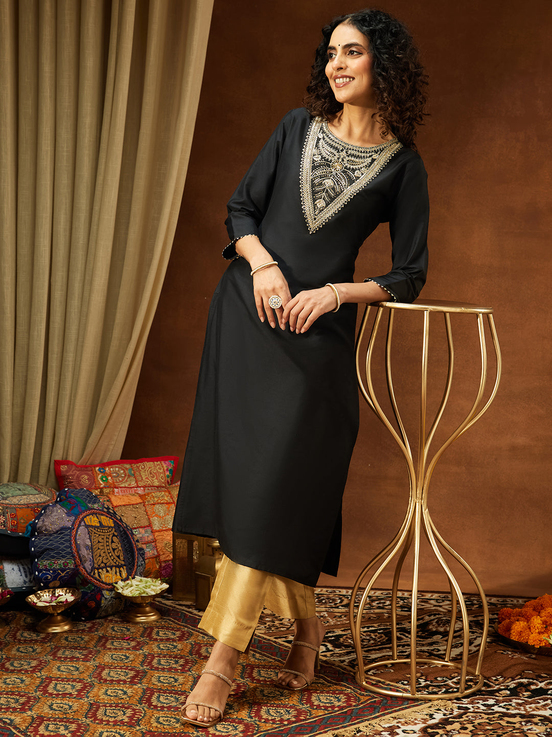 Ninnique Women's Black Chanderi Silk Yoke Embroidered Straight Kurta