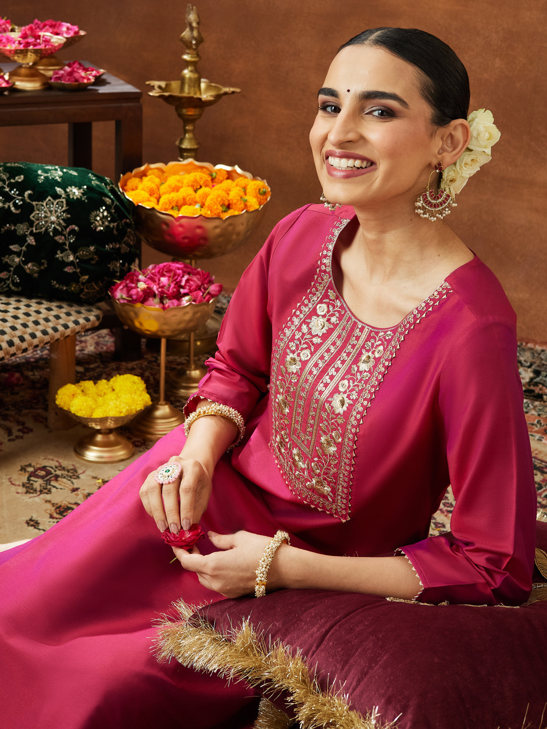 Ninnique Women's Pink Chanderi Silk Zari Yoke Embroidered Straight Kurta