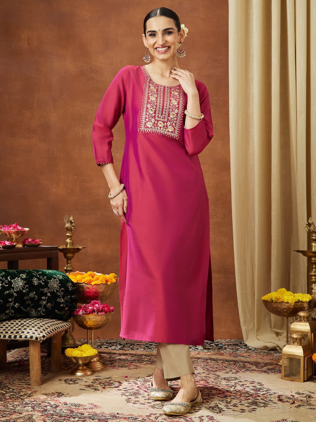 Ninnique Women's Pink Chanderi Silk Zari Yoke Embroidered Straight Kurta