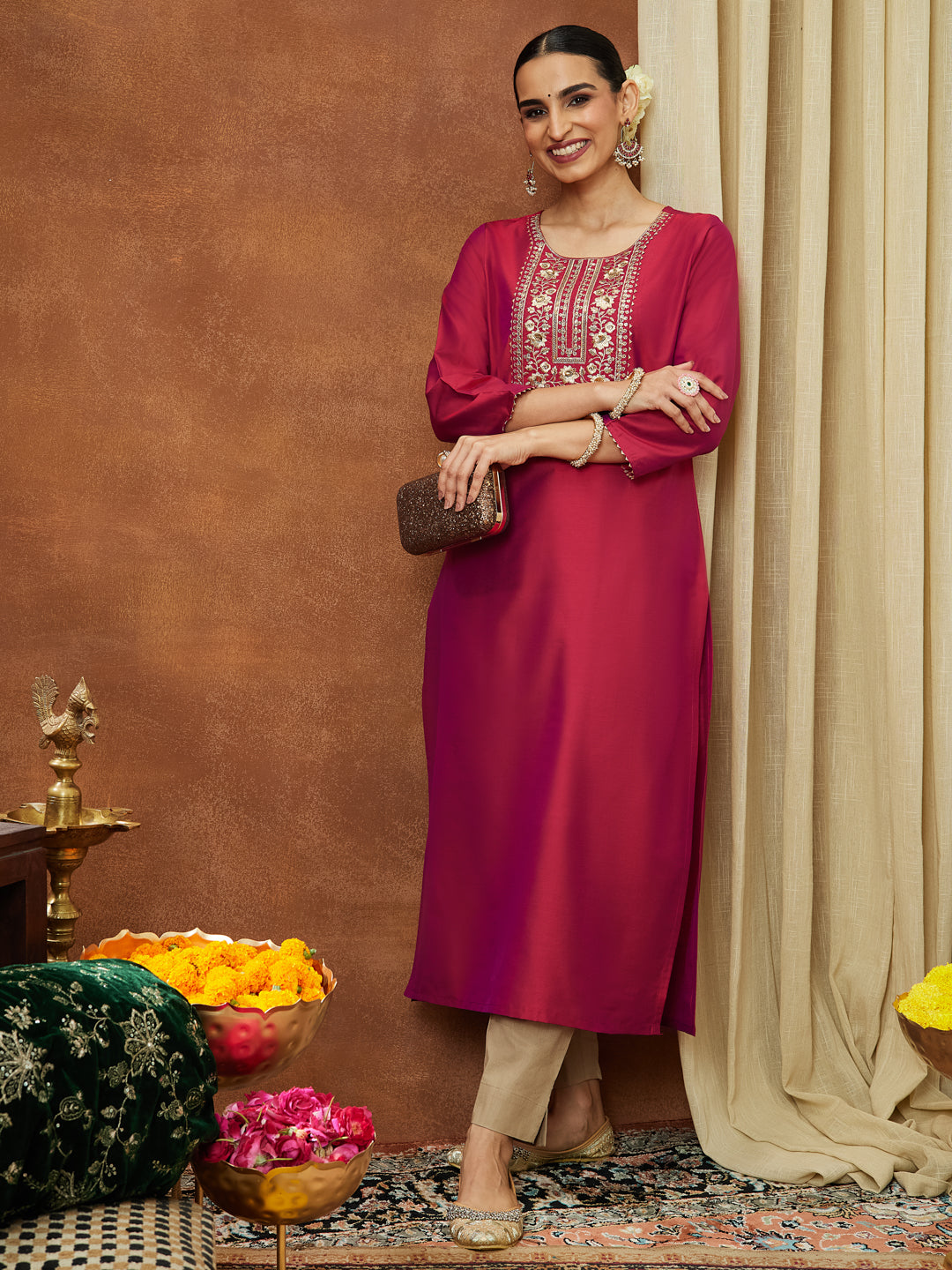 Ninnique Women's Pink Chanderi Silk Zari Yoke Embroidered Straight Kurta