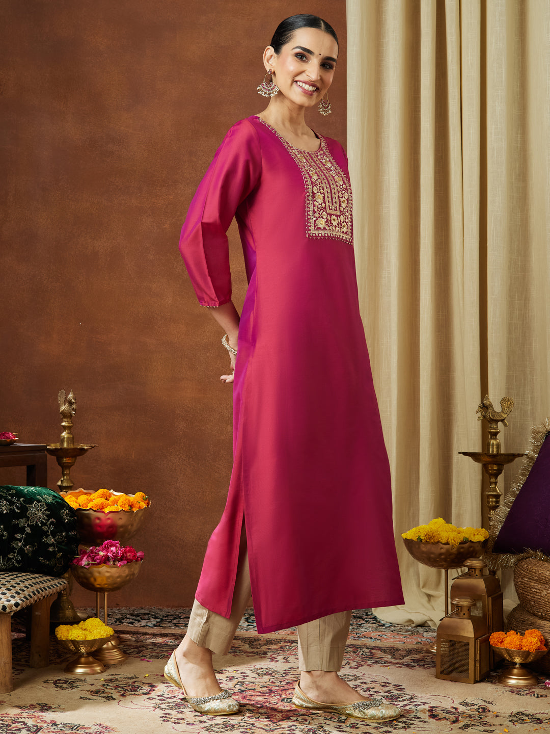 Ninnique Women's Pink Chanderi Silk Zari Yoke Embroidered Straight Kurta