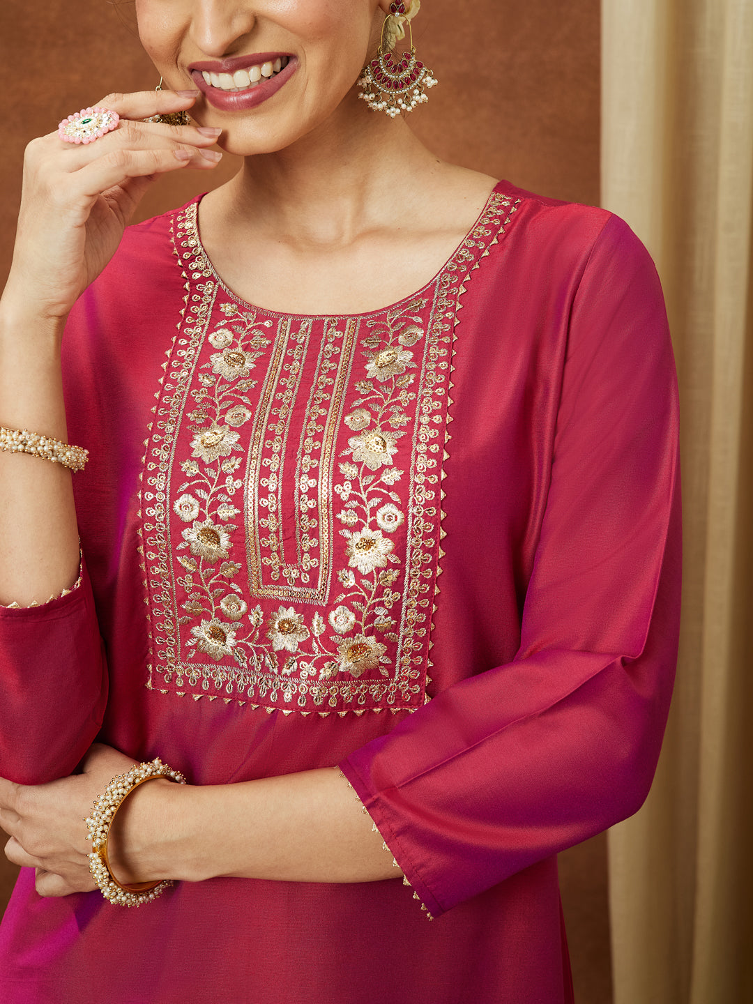 Ninnique Women's Pink Chanderi Silk Zari Yoke Embroidered Straight Kurta
