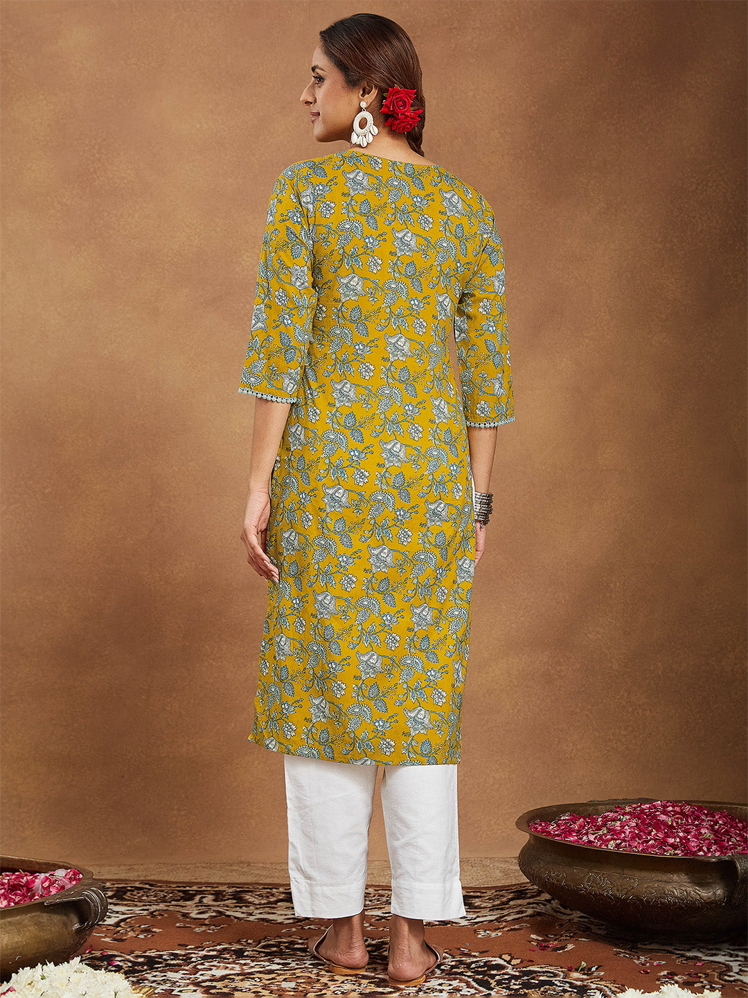Ninnique Women's Mustard Pure Cotton Floral Printed Straight Kurta