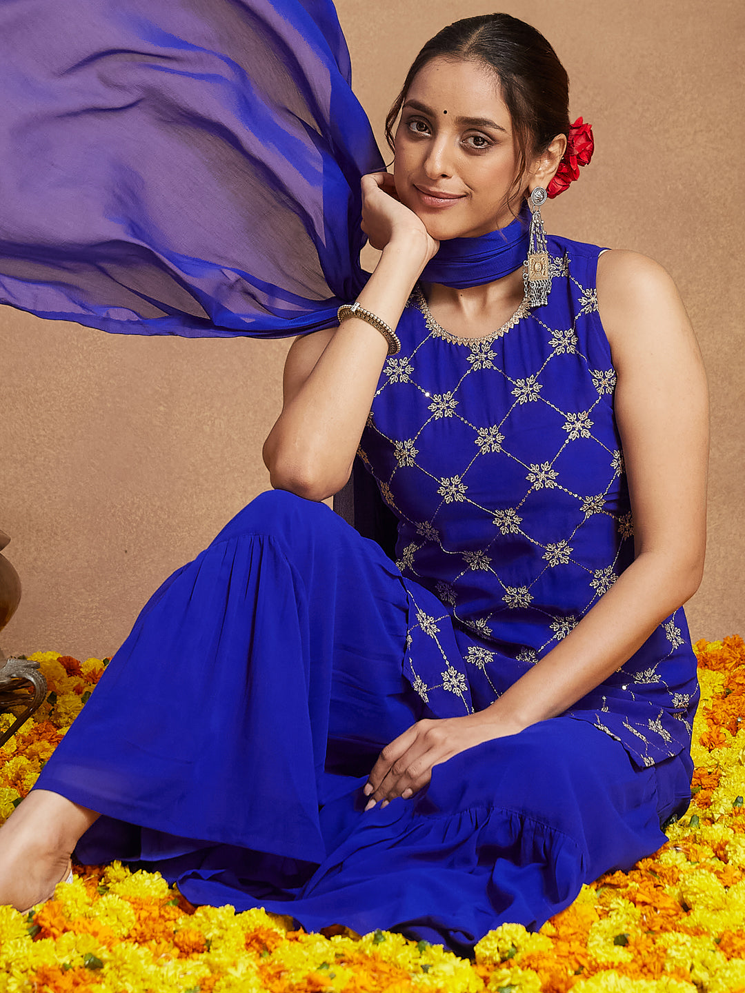 Ninnique Women's Royal Blue Georgette Zari Embroidered Straight Kurta With Sharara & Dupatta Set