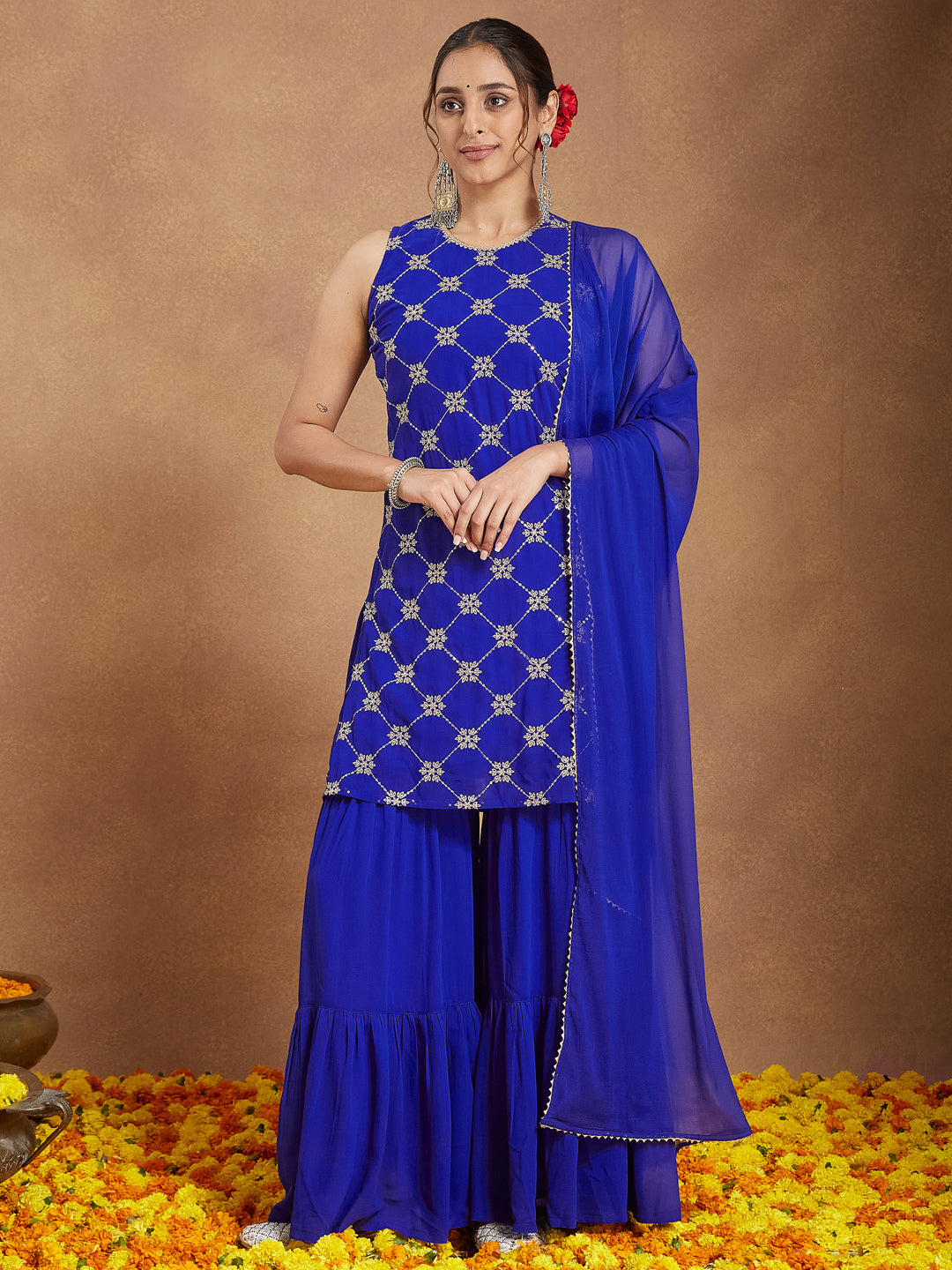 Ninnique Women's Royal Blue Georgette Zari Embroidered Straight Kurta With Sharara & Dupatta Set
