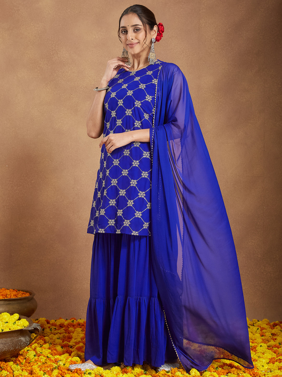Ninnique Women's Royal Blue Georgette Zari Embroidered Straight Kurta With Sharara & Dupatta Set