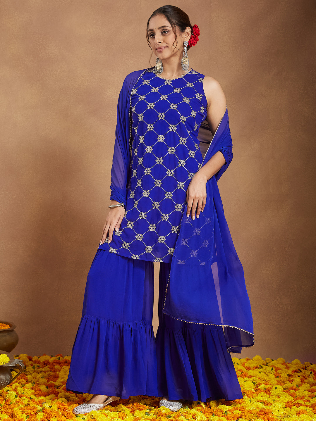Ninnique Women's Royal Blue Georgette Zari Embroidered Straight Kurta With Sharara & Dupatta Set