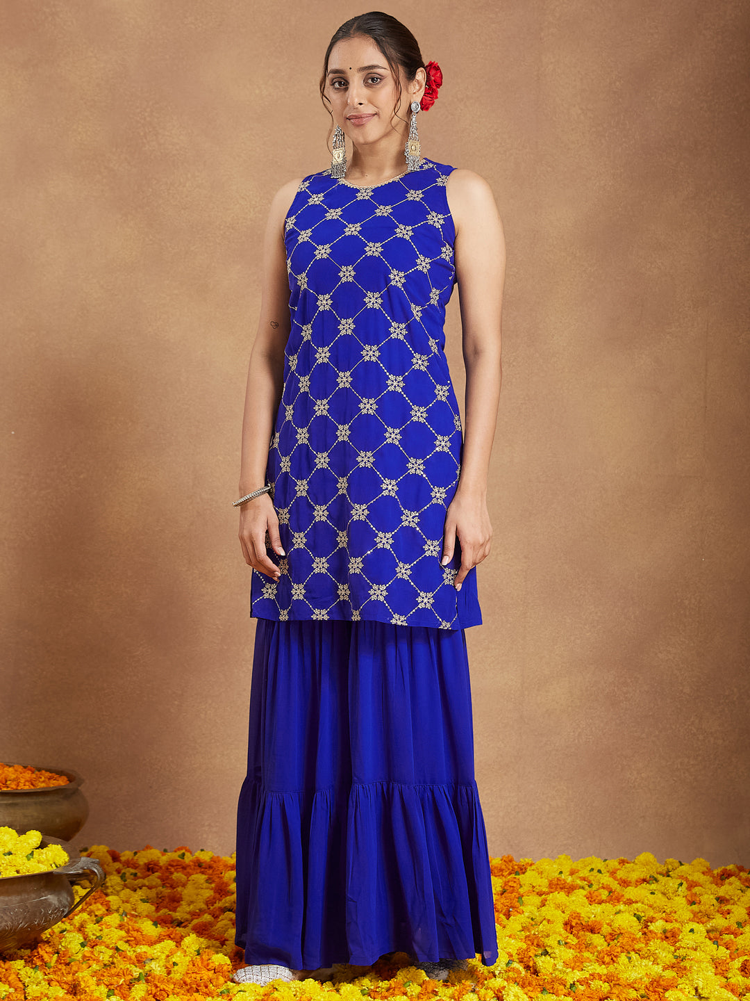 Ninnique Women's Royal Blue Georgette Zari Embroidered Straight Kurta With Sharara & Dupatta Set