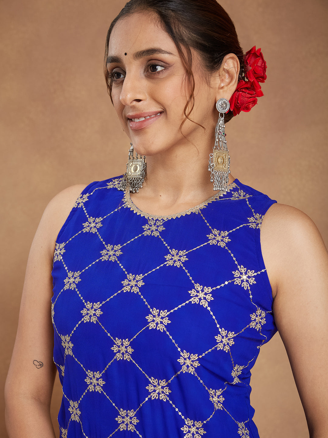 Ninnique Women's Royal Blue Georgette Zari Embroidered Straight Kurta With Sharara & Dupatta Set