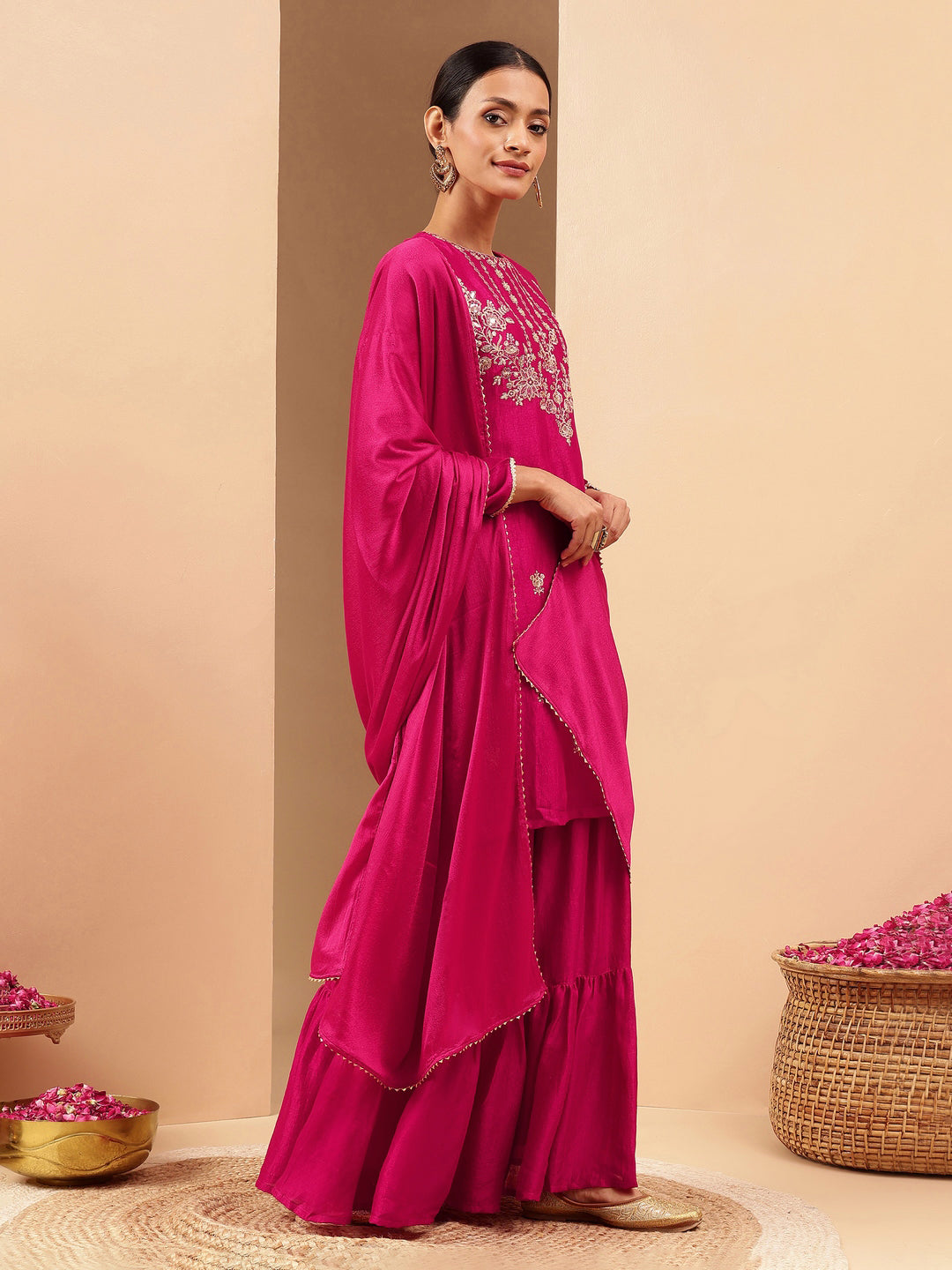 Ninnique Women's Pink Silk Blend Zari Embroidered Straight Kurta With Sharara & Dupatta Set