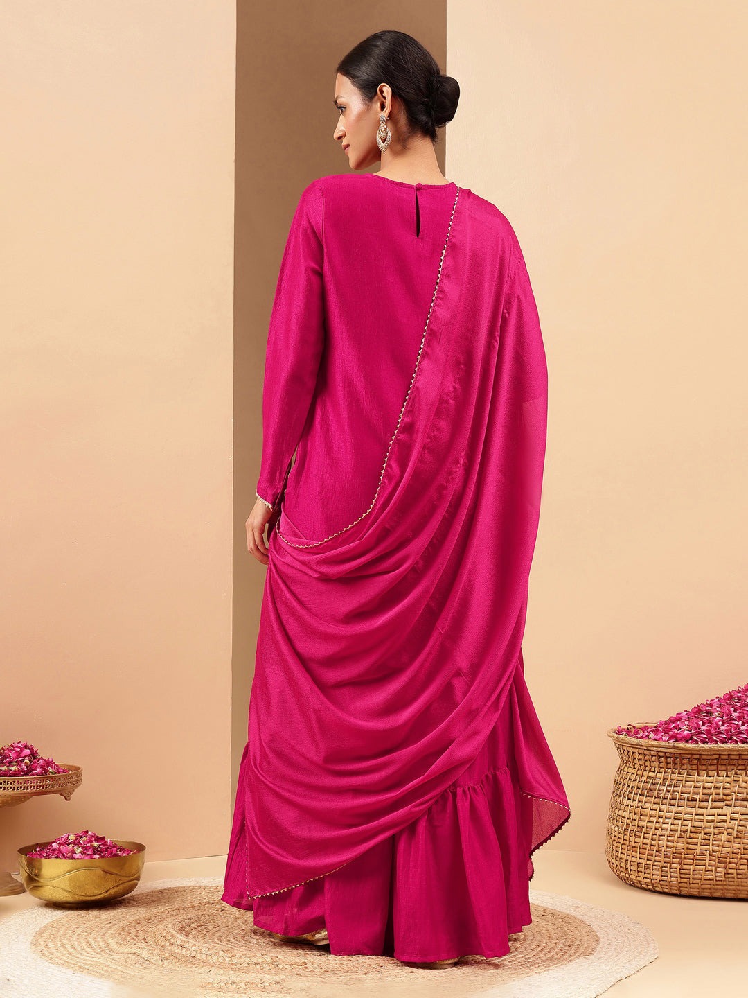 Ninnique Women's Pink Silk Blend Zari Embroidered Straight Kurta With Sharara & Dupatta Set