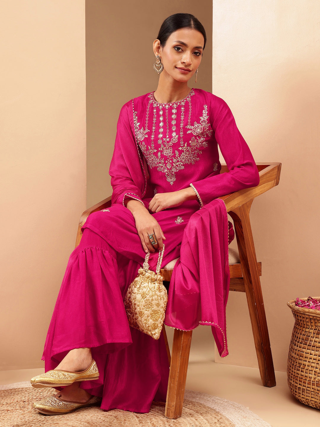 Ninnique Women's Pink Silk Blend Zari Embroidered Straight Kurta With Sharara & Dupatta Set