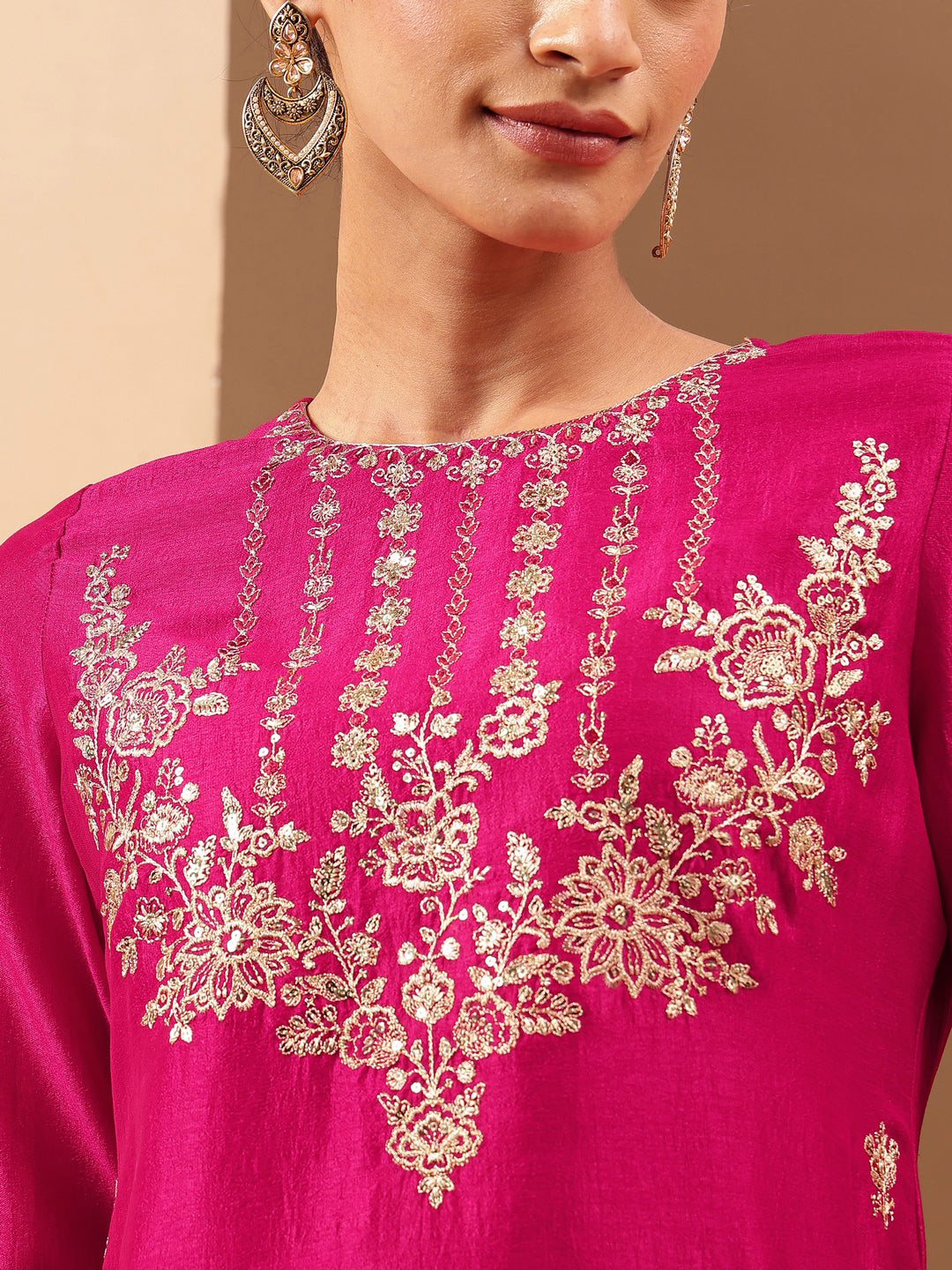 Ninnique Women's Pink Silk Blend Zari Embroidered Straight Kurta With Sharara & Dupatta Set