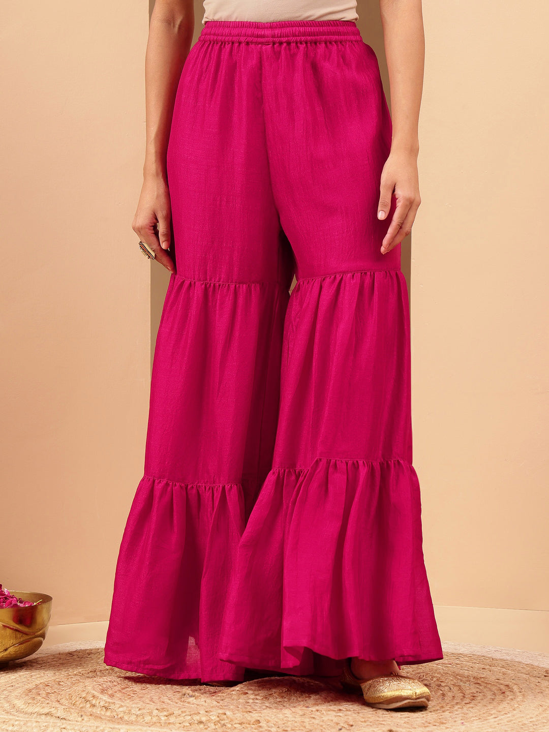 Ninnique Women's Pink Silk Blend Zari Embroidered Straight Kurta With Sharara & Dupatta Set