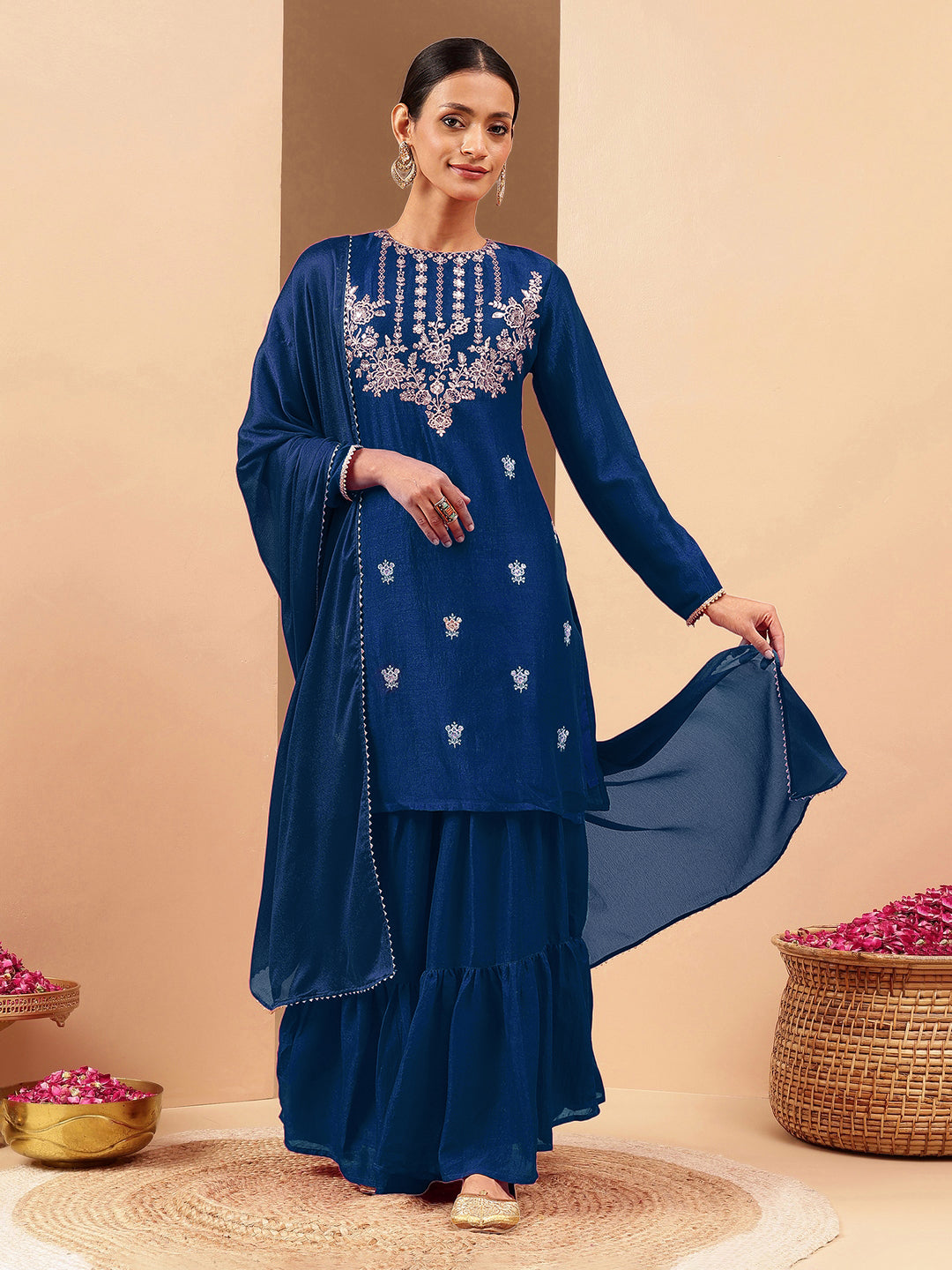 Ninnique Women's Teal Blue Silk Blend Zari Embroidered Straight Kurta With Sharara & Dupatta Set