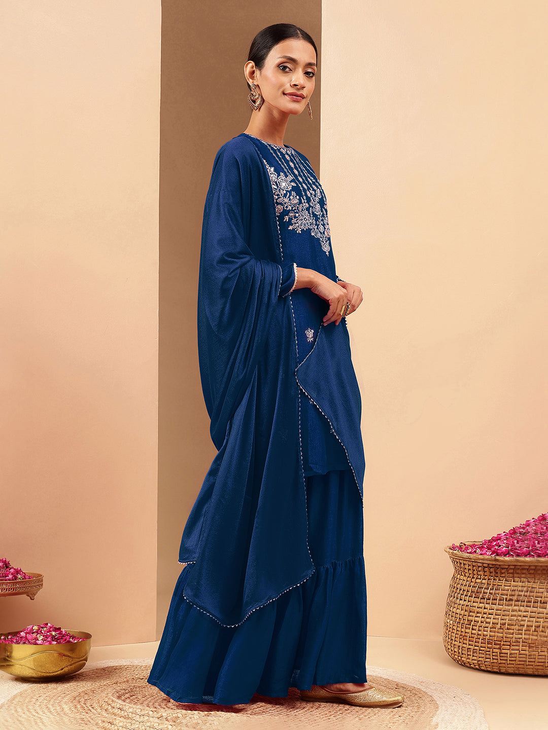 Ninnique Women's Teal Blue Silk Blend Zari Embroidered Straight Kurta With Sharara & Dupatta Set