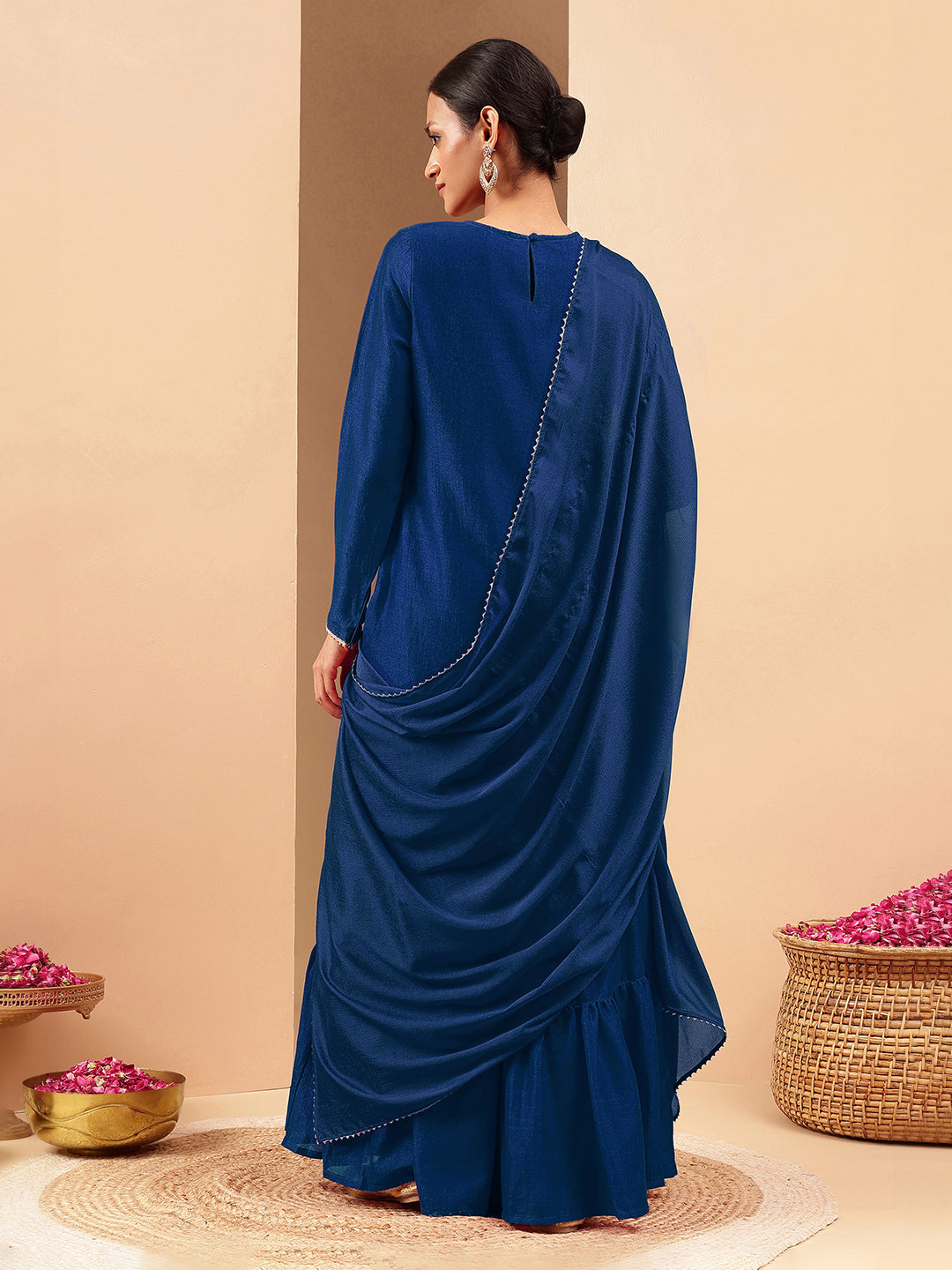 Ninnique Women's Teal Blue Silk Blend Zari Embroidered Straight Kurta With Sharara & Dupatta Set