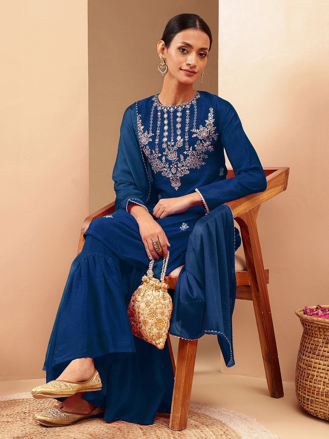 Ninnique Women's Teal Blue Silk Blend Zari Embroidered Straight Kurta With Sharara & Dupatta Set
