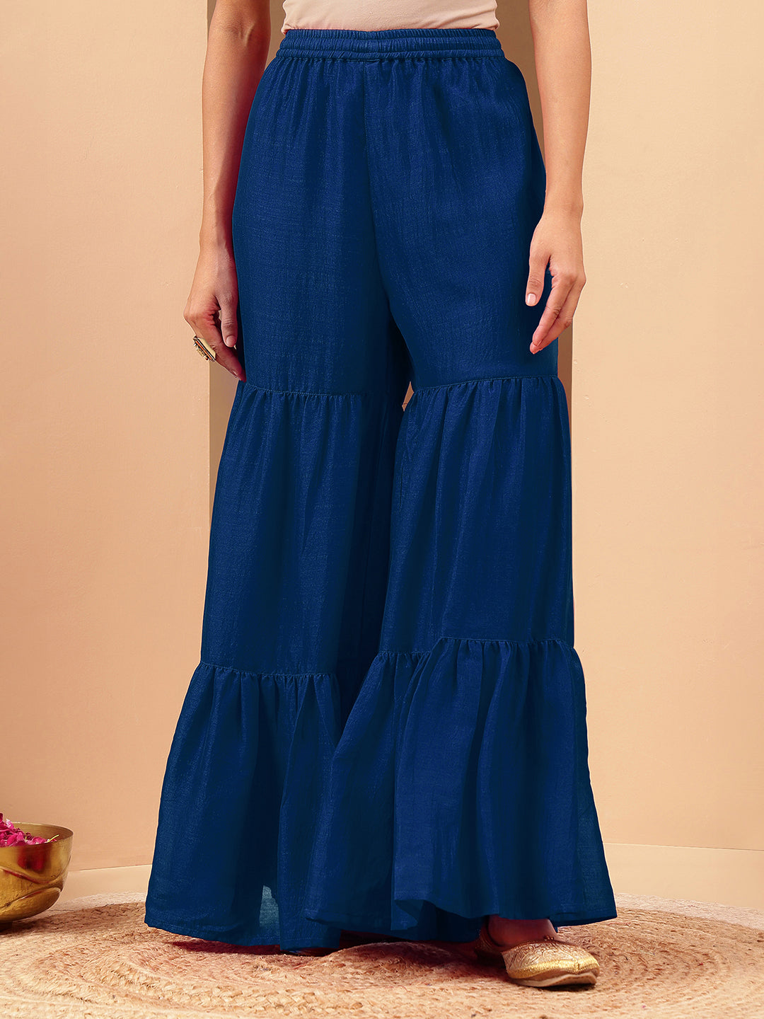 Ninnique Women's Teal Blue Silk Blend Zari Embroidered Straight Kurta With Sharara & Dupatta Set