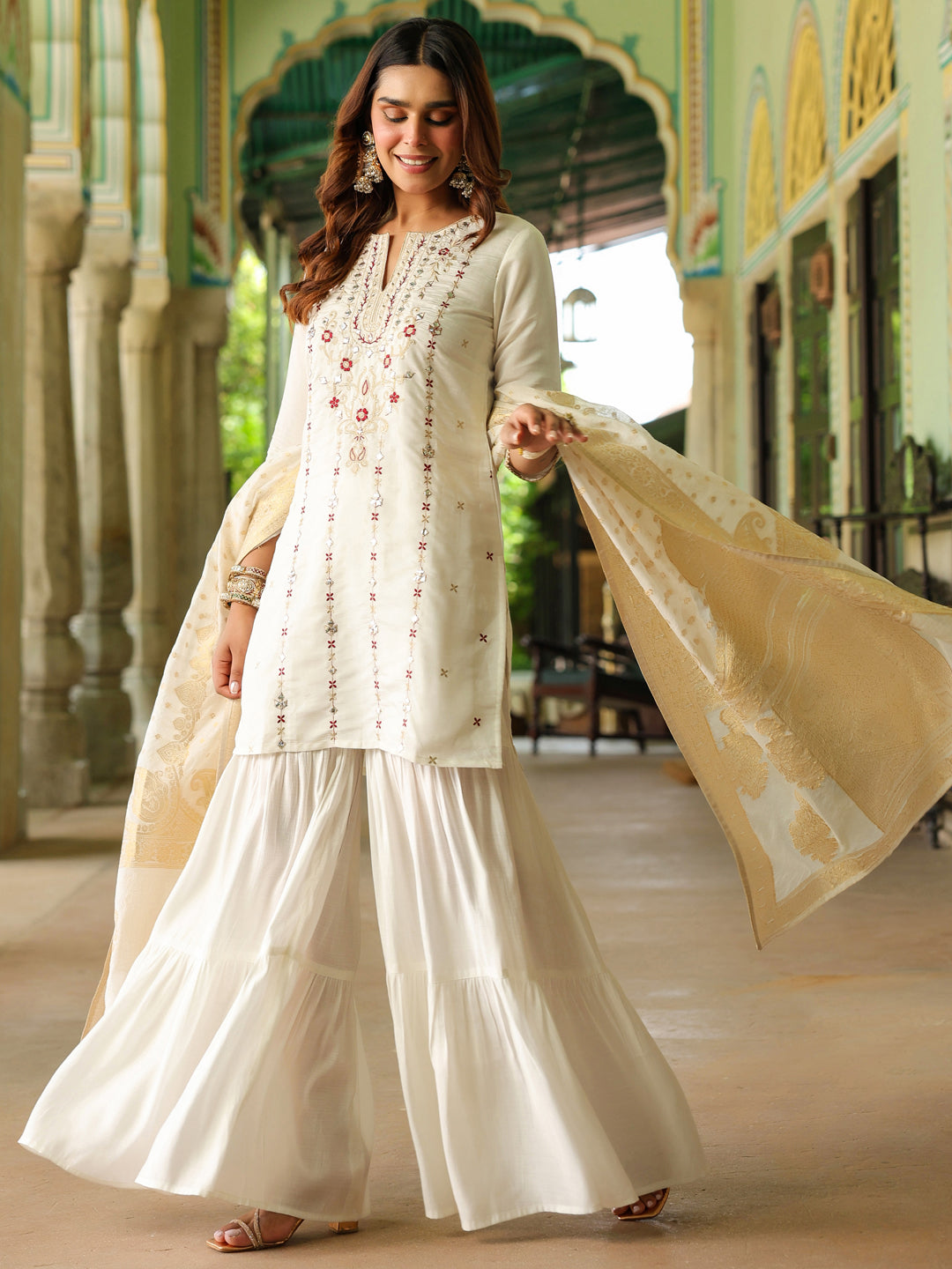 Ninnique Women's Off White Chanderi Silk Embroidered Mirror Work Kurta With Sharara & Dupatta Set