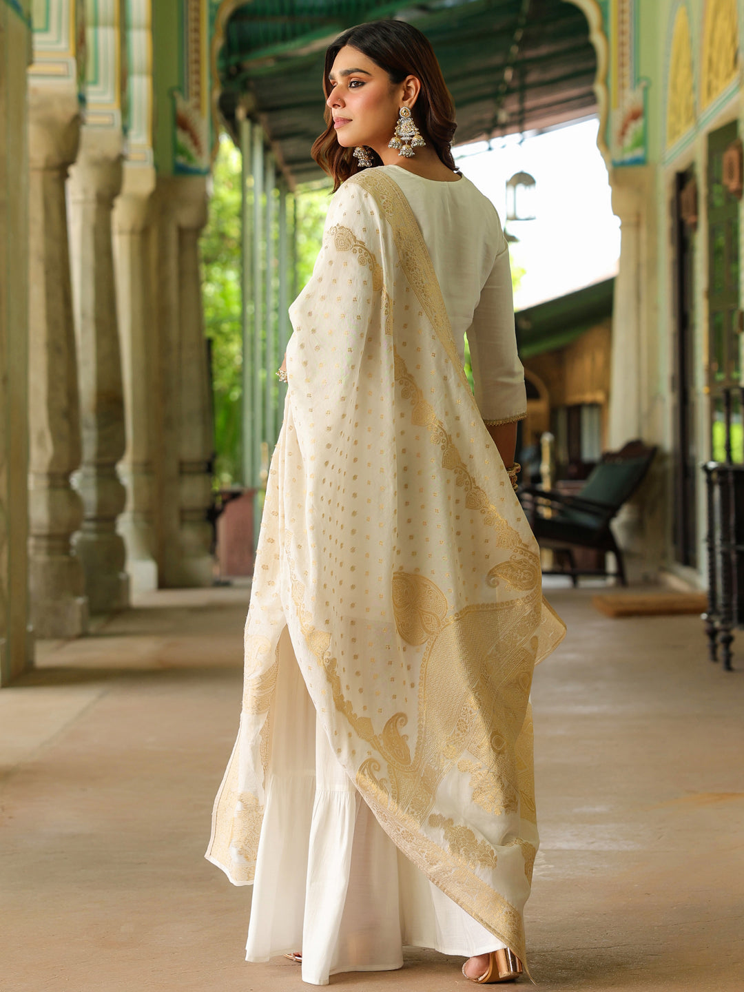 Ninnique Women's Off White Chanderi Silk Embroidered Mirror Work Kurta With Sharara & Dupatta Set