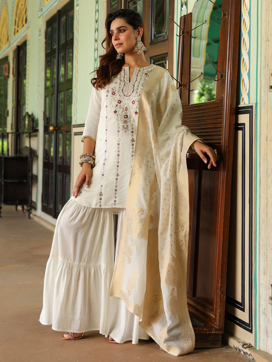 Ninnique Women's Off White Chanderi Silk Embroidered Mirror Work Kurta With Sharara & Dupatta Set