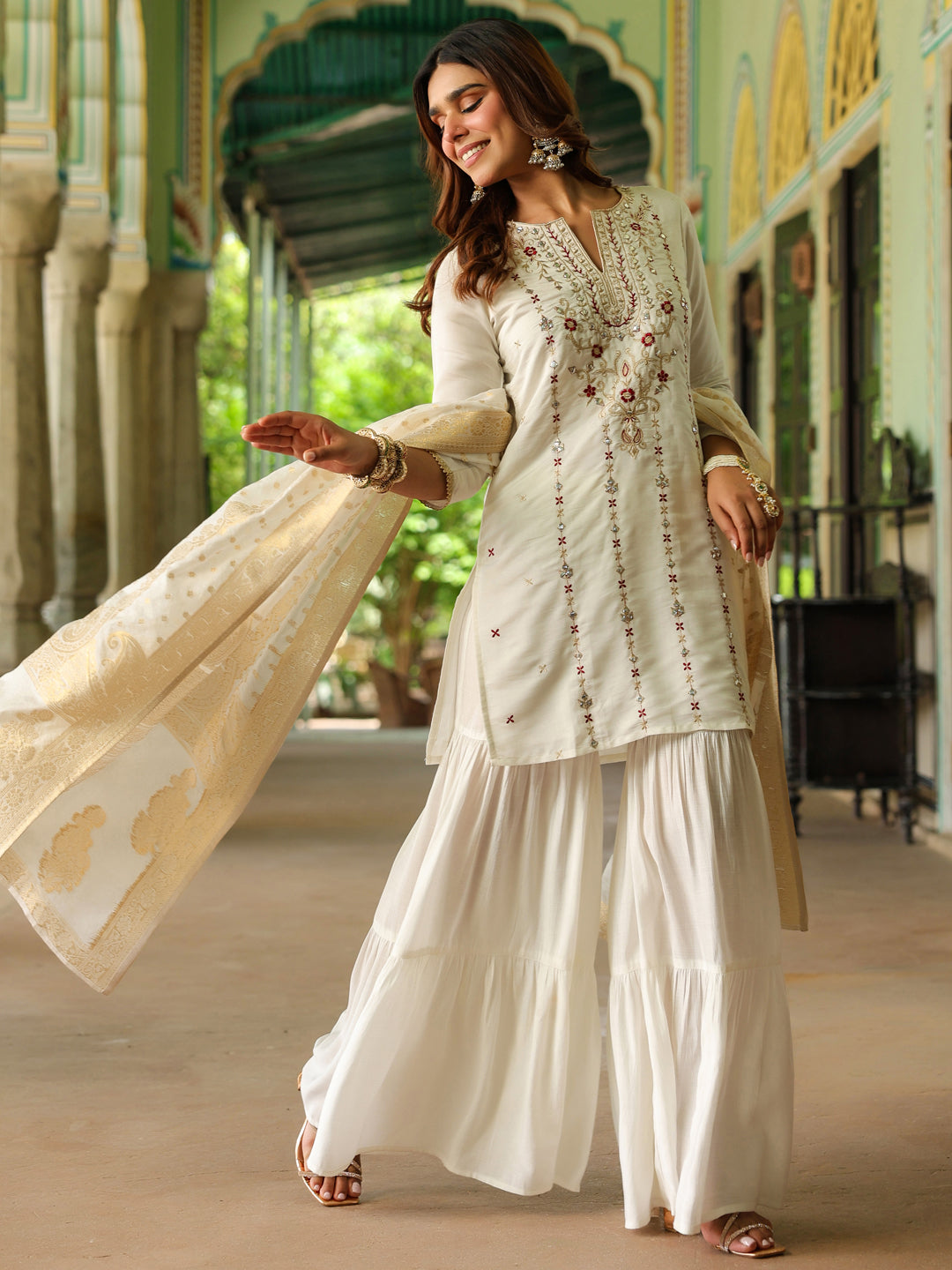Ninnique Women's Off White Chanderi Silk Embroidered Mirror Work Kurta With Sharara & Dupatta Set