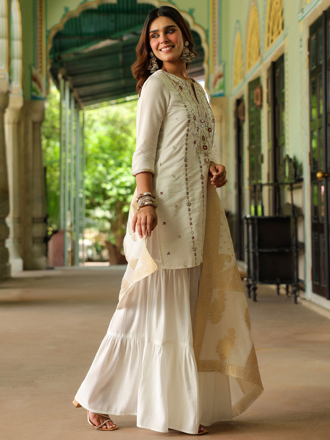 Ninnique Women's Off White Chanderi Silk Embroidered Mirror Work Kurta With Sharara & Dupatta Set