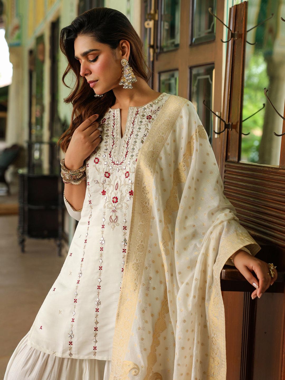 Ninnique Women's Off White Chanderi Silk Embroidered Mirror Work Kurta With Sharara & Dupatta Set