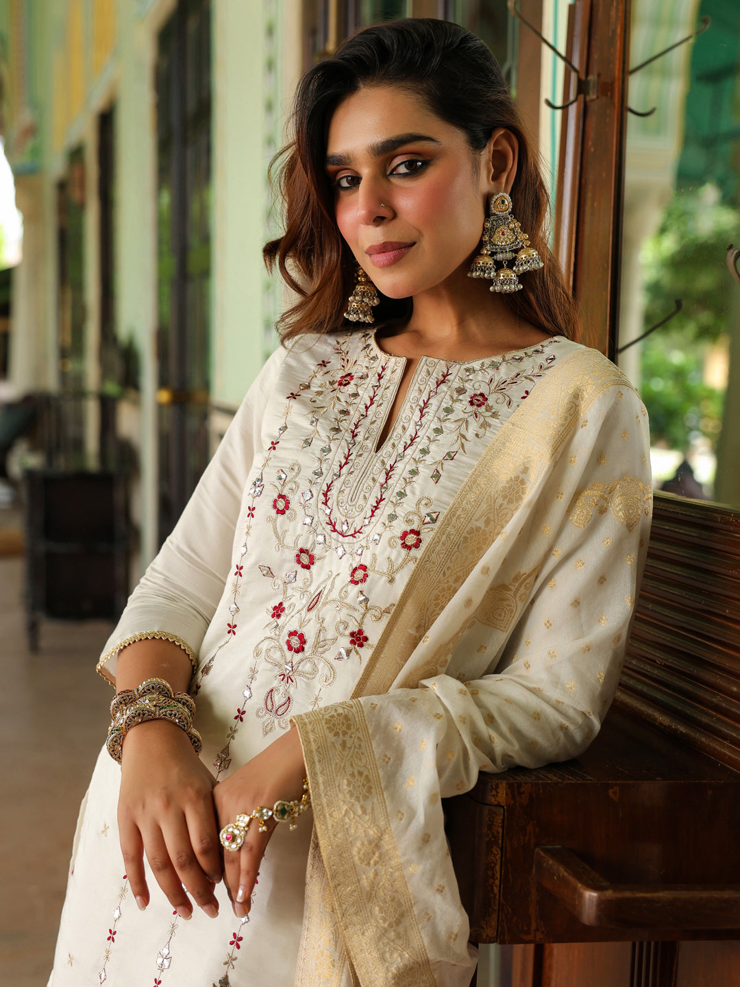 Ninnique Women's Off White Chanderi Silk Embroidered Mirror Work Kurta With Sharara & Dupatta Set