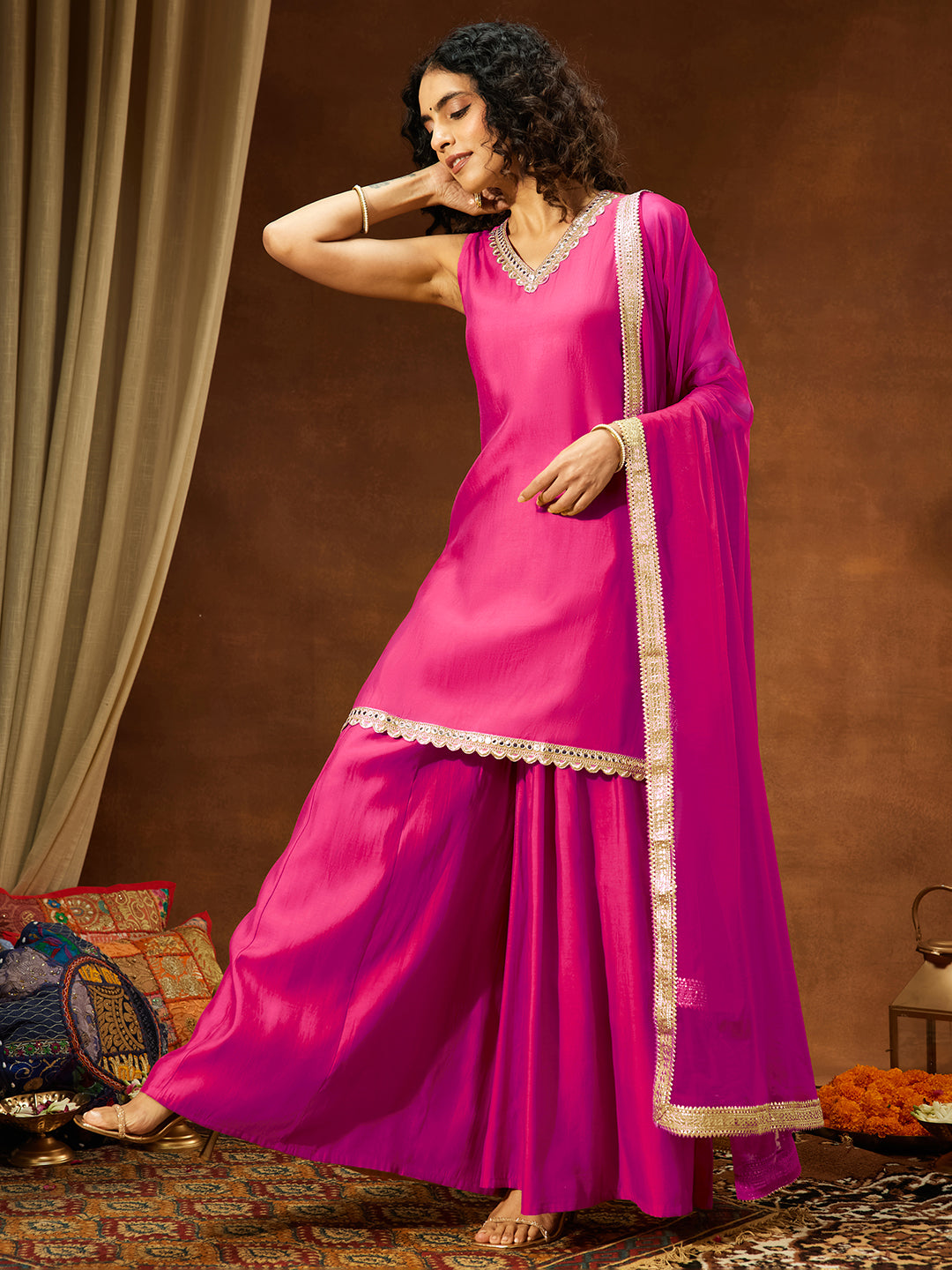Ninnique Women's Pink Chanderi Silk Embellished Straight Kurta With Sharara & Dupatta Set
