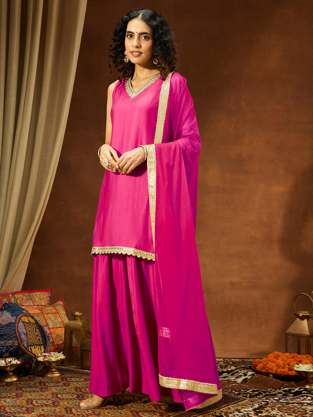 Ninnique Women's Pink Chanderi Silk Embellished Straight Kurta With Sharara & Dupatta Set