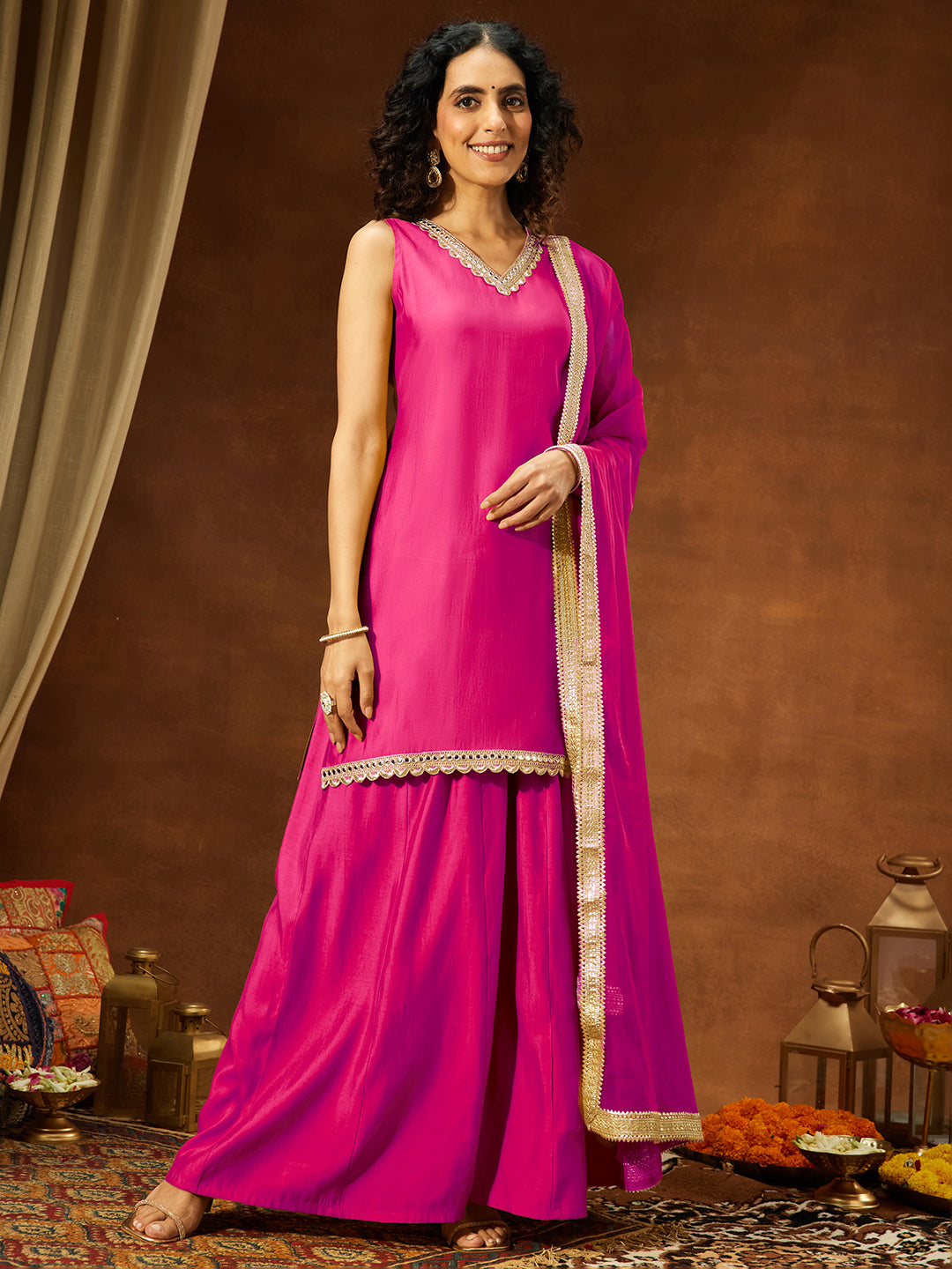 Ninnique Women's Pink Chanderi Silk Embellished Straight Kurta With Sharara & Dupatta Set