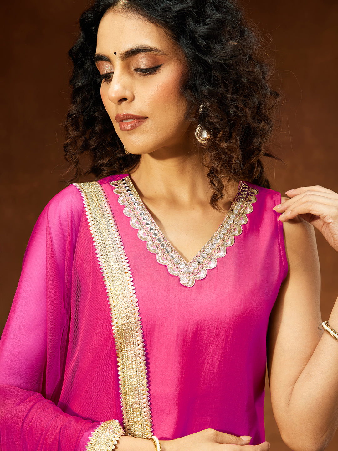 Ninnique Women's Pink Chanderi Silk Embellished Straight Kurta With Sharara & Dupatta Set