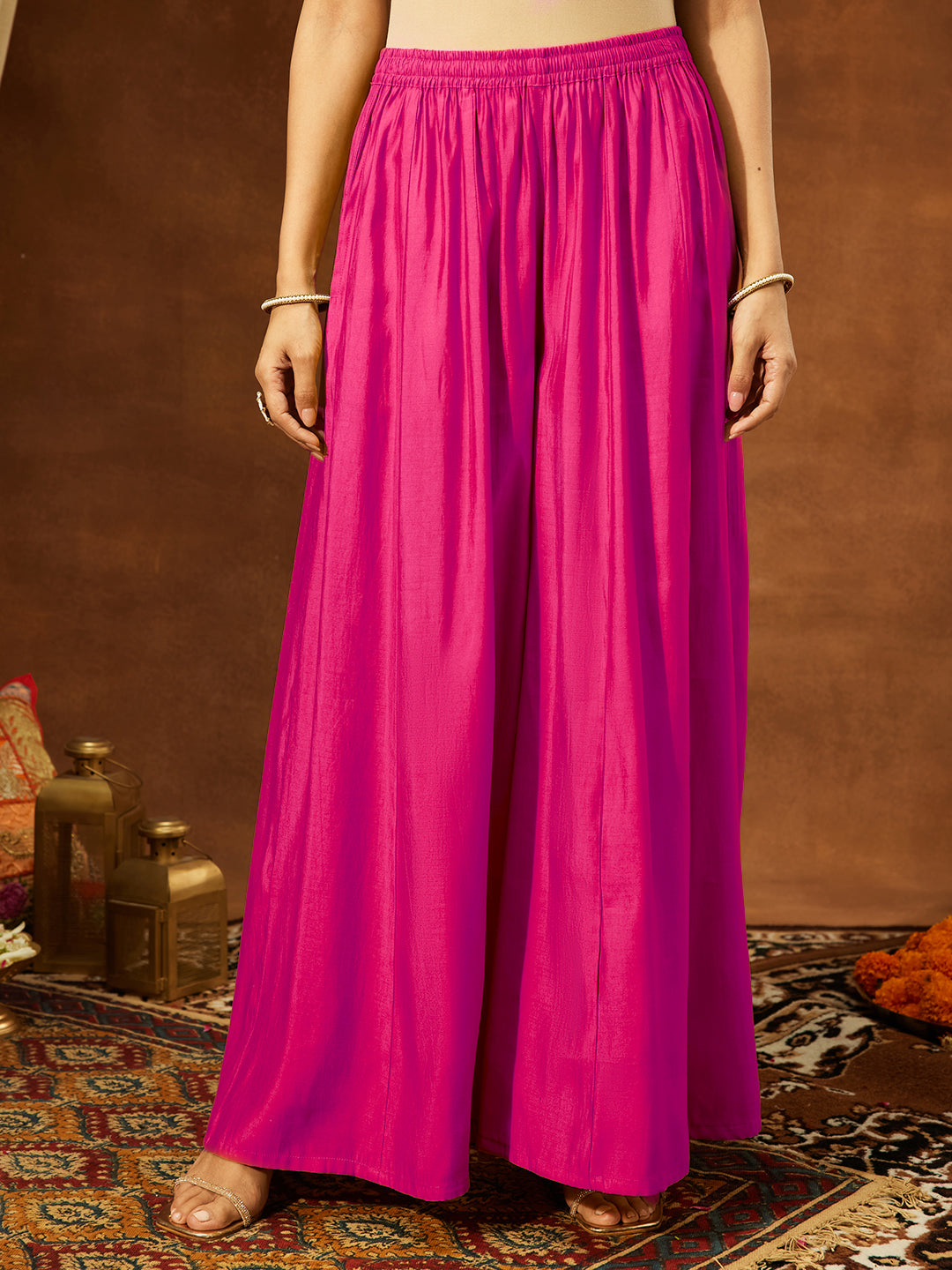 Ninnique Women's Pink Chanderi Silk Embellished Straight Kurta With Sharara & Dupatta Set