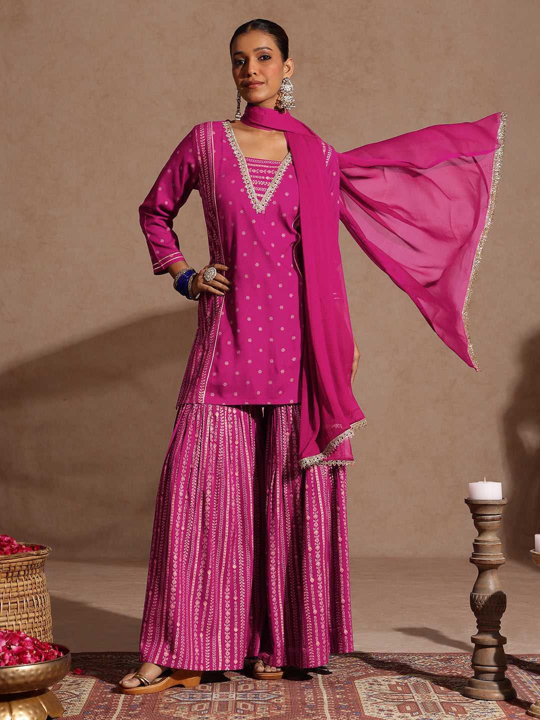 Ninnique Women's Pink Rayon Gold Foil Printed Kurti With Sharara & Dupatta Set