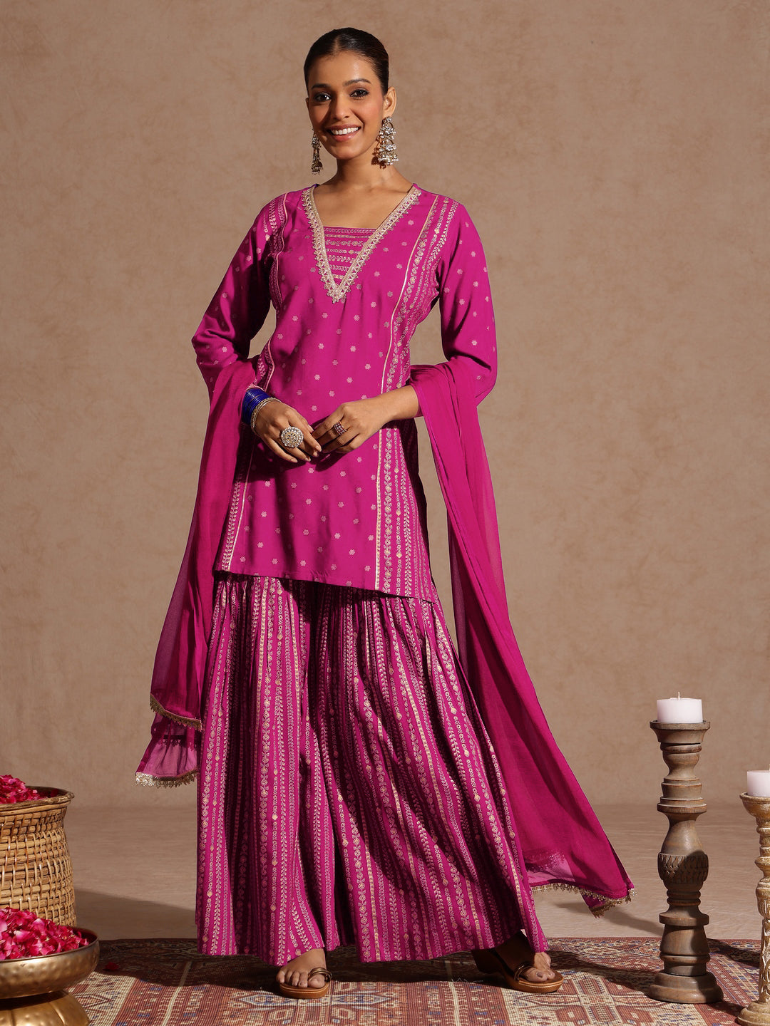 Ninnique Women's Pink Rayon Gold Foil Printed Kurti With Sharara & Dupatta Set