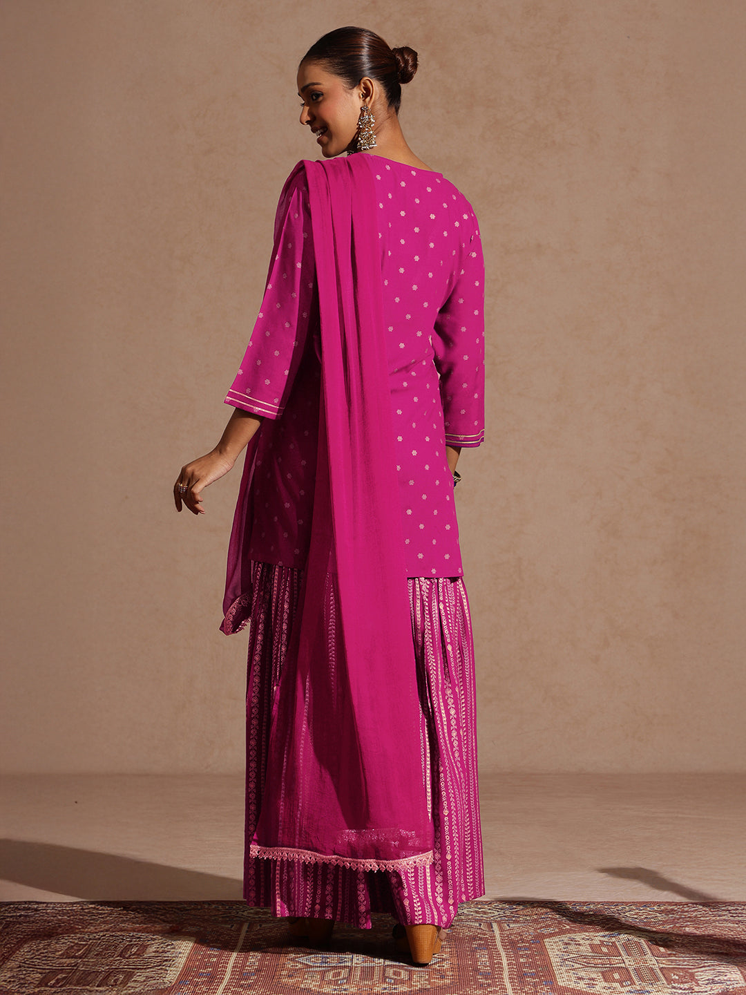 Ninnique Women's Pink Rayon Gold Foil Printed Kurti With Sharara & Dupatta Set