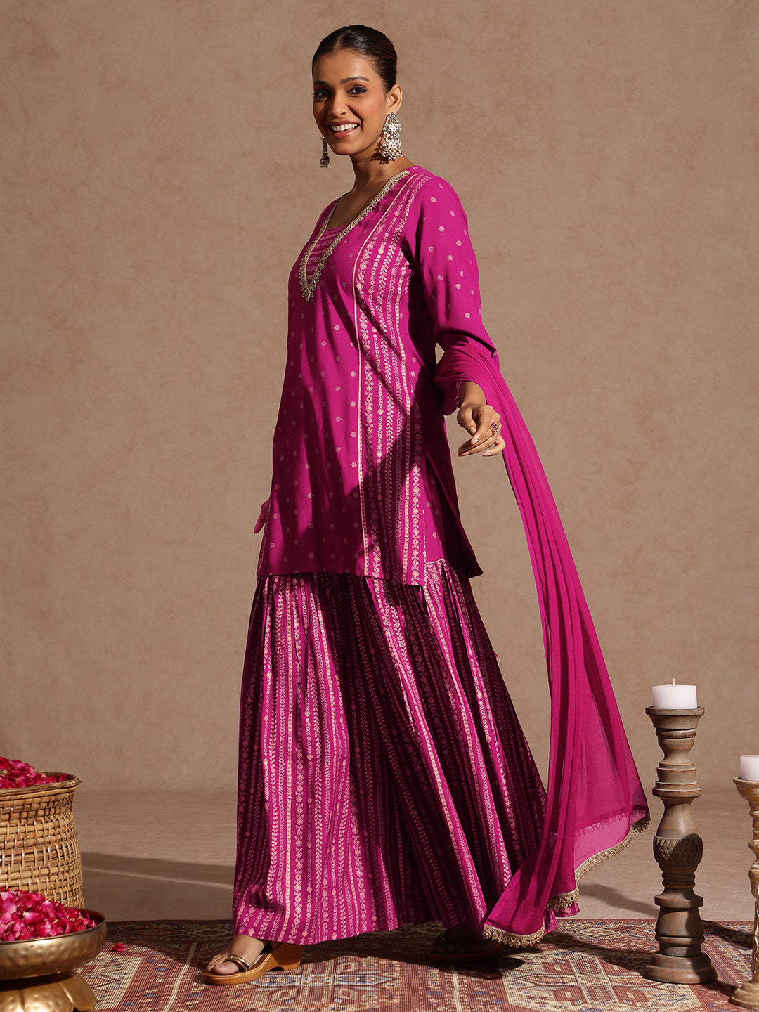 Ninnique Women's Pink Rayon Gold Foil Printed Kurti With Sharara & Dupatta Set
