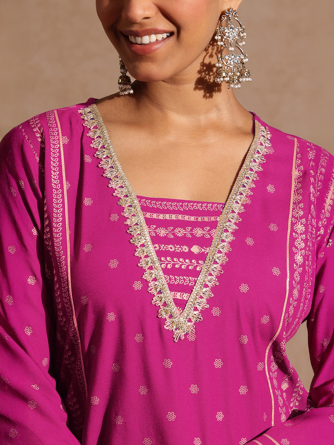 Ninnique Women's Pink Rayon Gold Foil Printed Kurti With Sharara & Dupatta Set