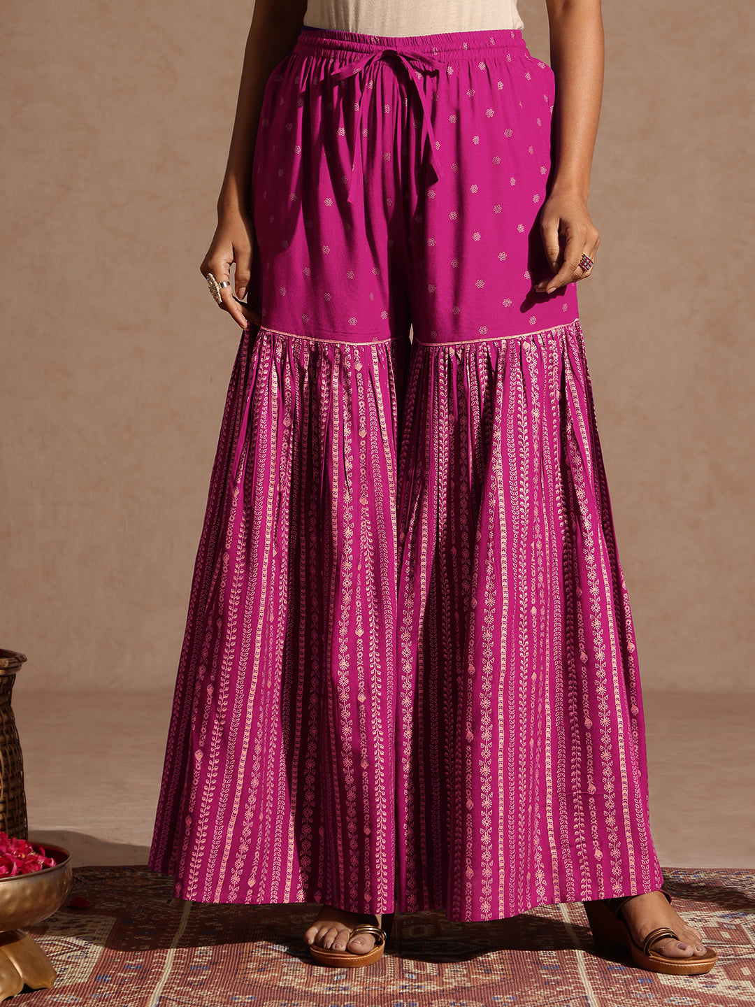 Ninnique Women's Pink Rayon Gold Foil Printed Kurti With Sharara & Dupatta Set