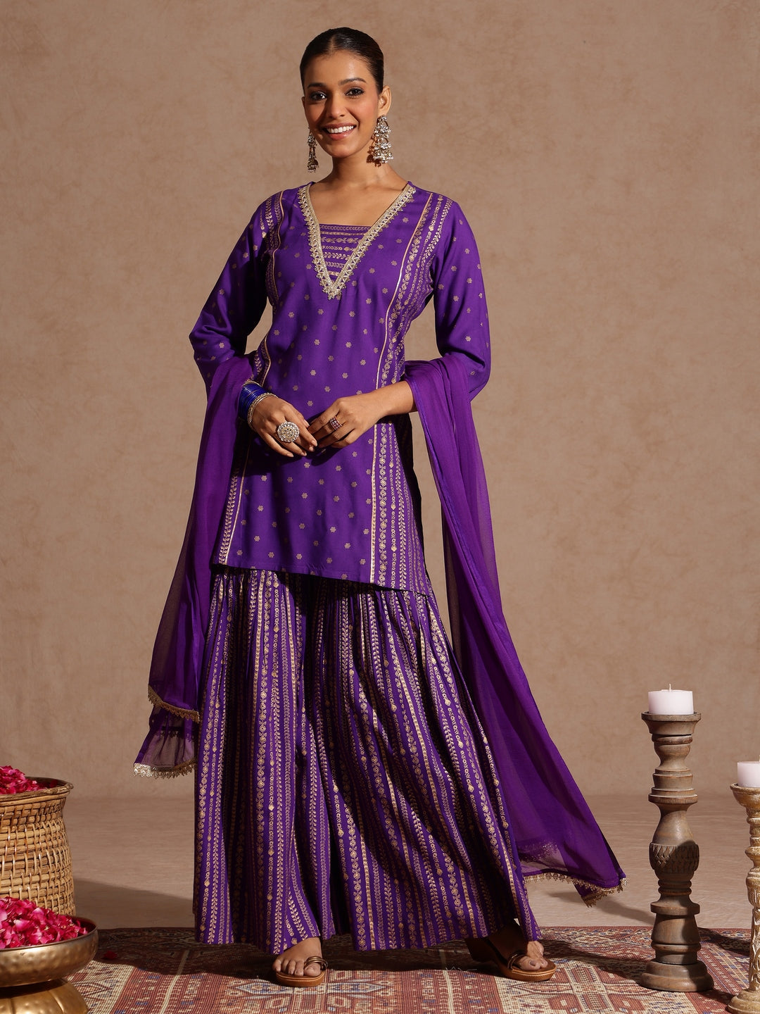 Ninnique Women's Purple Rayon Gold Printed Short Kurti With Sharara & Dupatta Set